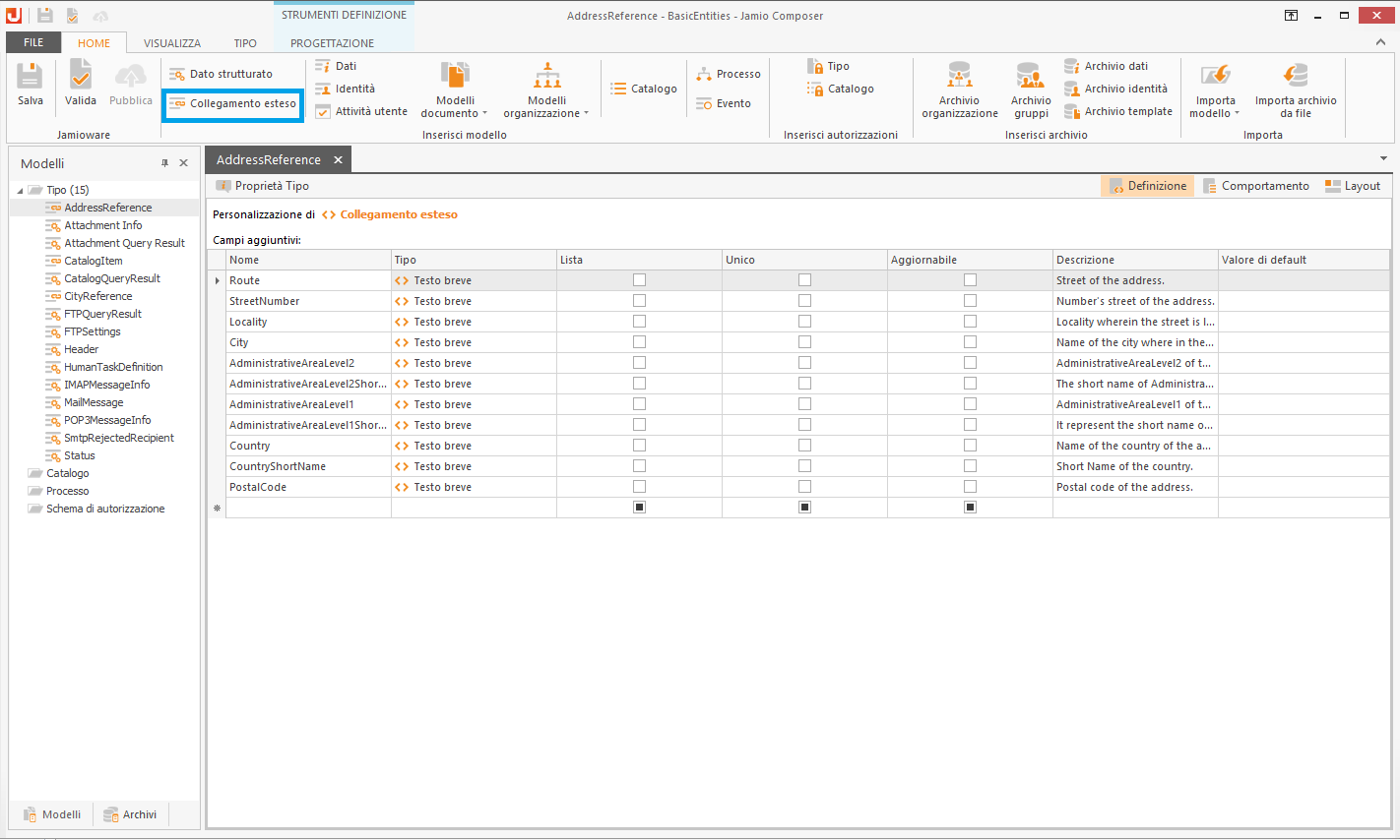 Modello di tipo Collegamento Esteso in Jamio Composer