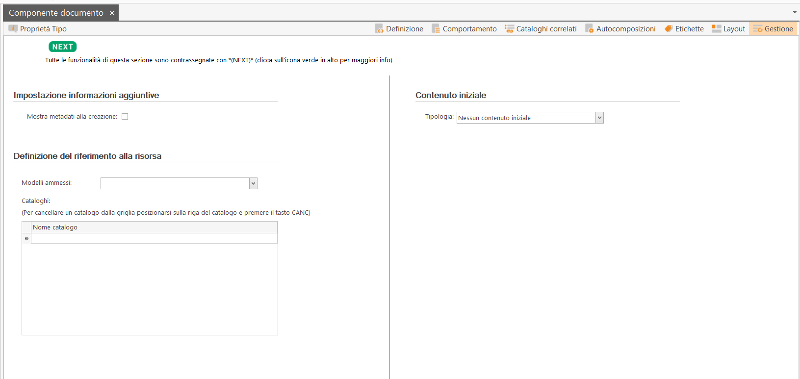 Sezione Gestione per un modello di tipo Componente Documento