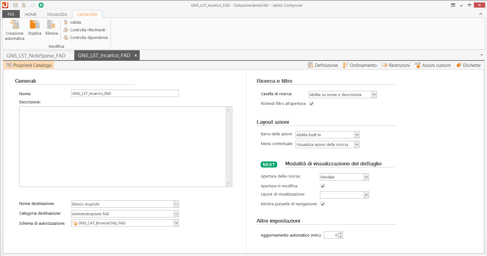 Impostazione catalogo con richiesta filtro all'apertura