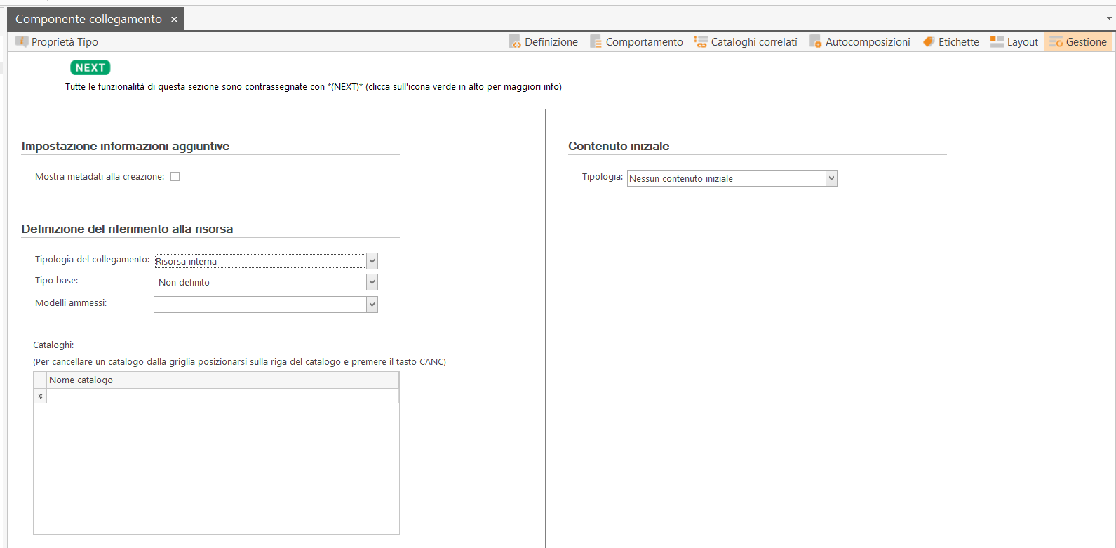 Sezione Gestione per un modello di tipo Componente collegamento