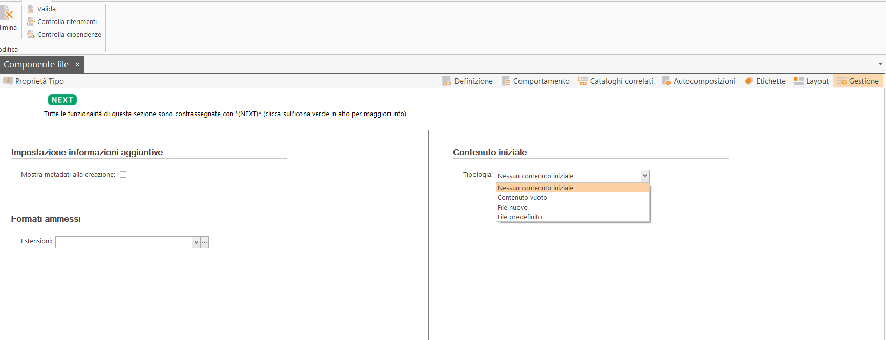 Sezione Gestione per un modello di tipo Componente file Sezione Gestione per un modello di tipo Componente file