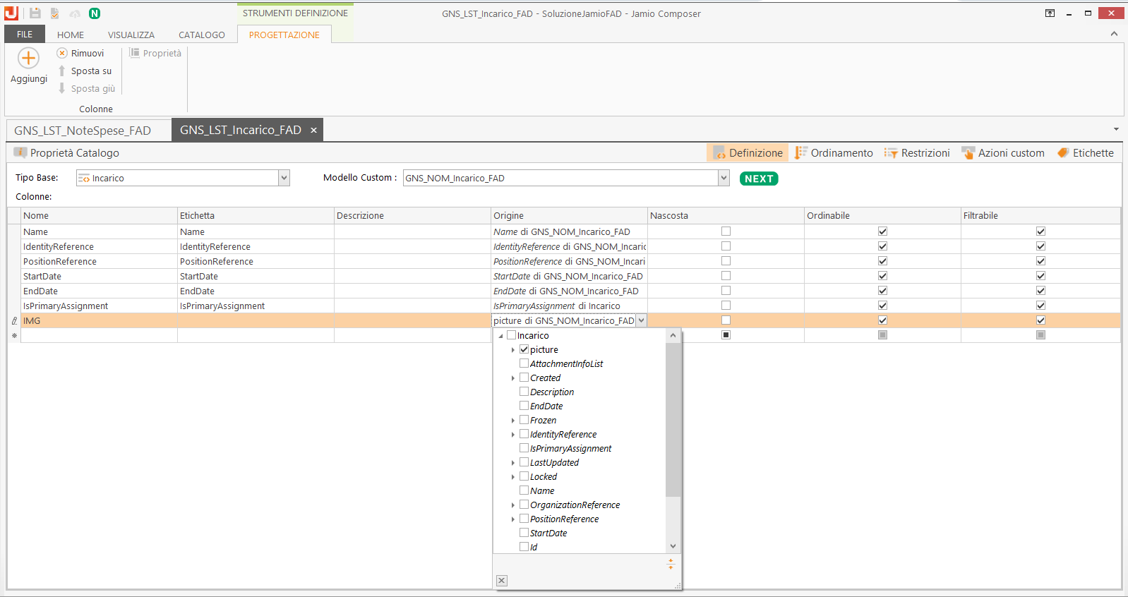 Modellazione catalogo con colonna di tipo immagine