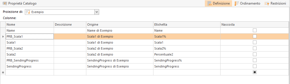 Modellazione catalogo con colonna di tipo indicatore progressione