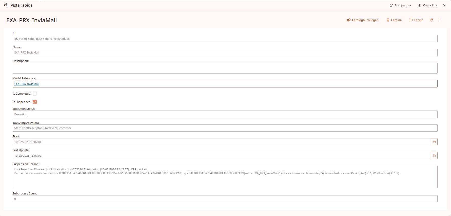 Istanza di processo in errore Istanza di processo in errore